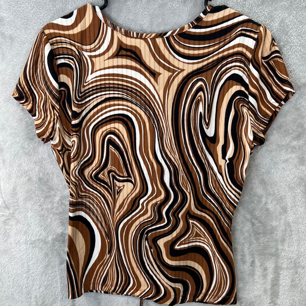 rue21 Womens XL Brown Swirl Lace Up V-Neck Ribbed Short Sleeve 70s Retro Y2K - Picture 3 of 8